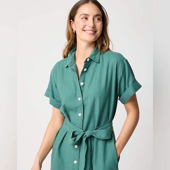 J Crew Factory Linen Blend Belted Mini Shirtdress Size Small Lamppost Green NWT - Picture 2 of 13